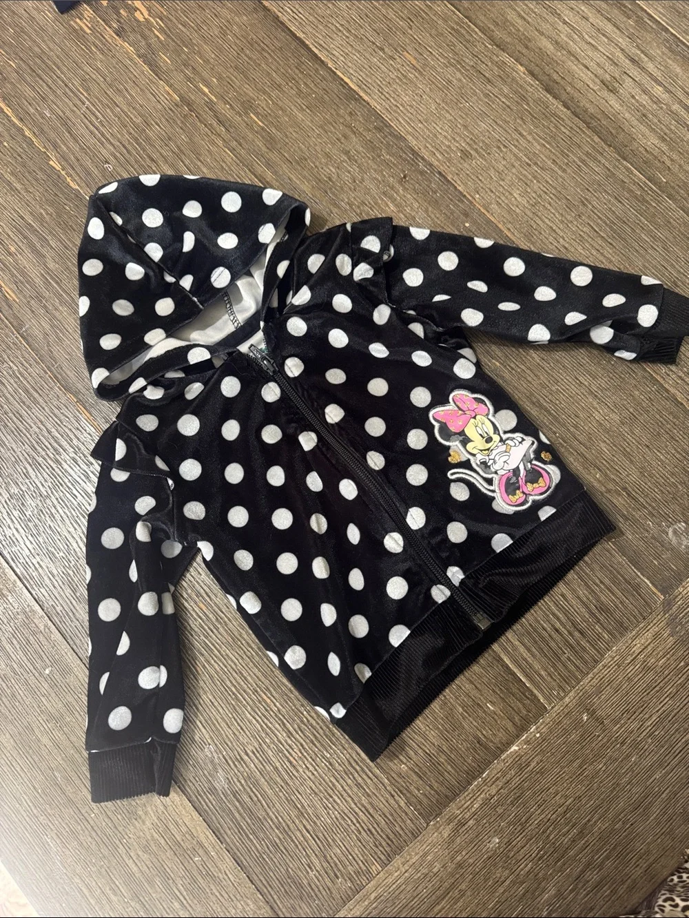 Disney Baby Minnie Mouse Velour Zip Hoodie 6–9M | Black Polka Dot Hooded Jacket